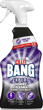 Cillit Bang Koniec z Pleśnią, fioletowy spray do usuwania pleśni i bakterii 99.9%, widok z przodu.