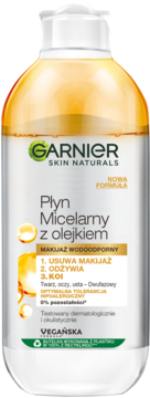 Biała butelka Garnier Płyn Micelarny z olejkiem, żółta warstwa oleju, usuwa wodoodporny makijaż, z przodu.