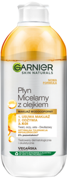 Biała butelka Garnier Płyn Micelarny z olejkiem, żółta warstwa oleju, usuwa wodoodporny makijaż, z przodu.