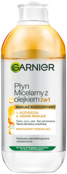 Biała butelka płynu micelarnego Garnier z olejkiem 2w1 do demakijażu wodoodpornego, widok z przodu.