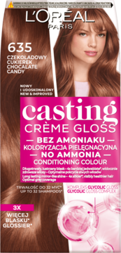 L'Oréal Casting Crème Gloss 635 Chocolate Candy, farba bez amoniaku, na opakowaniu kobieta z brązowymi włosami.