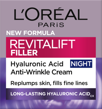L'Oréal Revitalift Filler Hyaluronic Acid Night Cream. Fioletowo-czarna etykieta, widok z przodu, białe i różowe napisy.