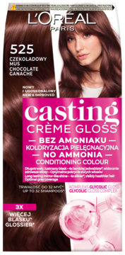 Opakowanie L'Oréal Casting Crème Gloss 525 Chocolate Ganache, widok z przodu. Brązowe pudełko z kobietą i różowym banerem 'BEZ AMONIAKU'.