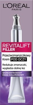L'Oréal Revitalift Filler krem pod oczy z kwasem hialuronowym w srebrnej tubce z aplikatorem, widok z przodu.