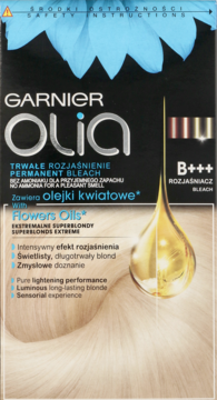 Garnier Olia trwałe rozjaśnienie B+++, opakowanie czarno-blond z grafiką złotych olejków, widok z przodu.