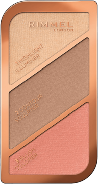 Rimmel London paletka Coral Glow 3w1: rozświetlacz, bronzer, róż, w miedzianej obudowie, widok z góry.