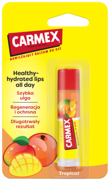 Carmex nawilżający sztyft do ust Tropical mango w żółtym opakowaniu blistrowym, widok z przodu.