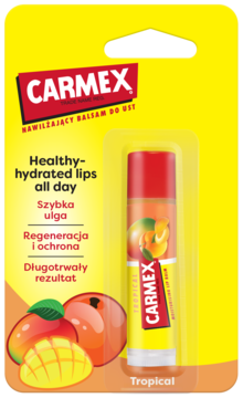 Carmex nawilżający sztyft do ust Tropical mango w żółtym opakowaniu blistrowym, widok z przodu.