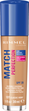 Kryjący podkład Rimmel Match Perfection 101 Classic Ivory SPF 20, beżowa butelka z niebieską nakrętką, widok z przodu.