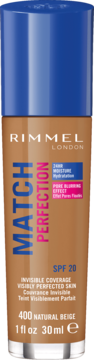 Rimmel Match Perfection podkład SPF 20, 400 Natural Beige, brązowa butelka z niebieską nakrętką, przód.