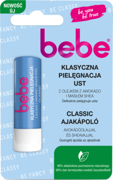 Niebiesko-biały balsam do ust Bebe Klasyczna Pielęgnacja Ust z awokado i masłem shea, widok z przodu.