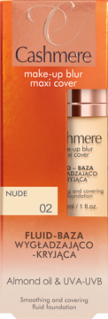 Podkład Cashmere make-up blur Nude 02, wygładzająco-kryjący fluid w beżowej butelce, widoczny w pomarańczowym kartonie.