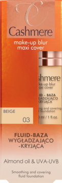 Cashmere Make-Up Blur Maxi Cover, beżowy fluid-baza wygładzająco-kryjąca w pomarańczowym kartoniku.