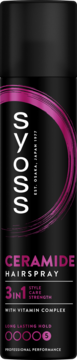 Czarny lakier do włosów Syoss Ceramide Hairspray, różowe detale, z przodu. Utrwalenie 5/6, formuła 3w1.