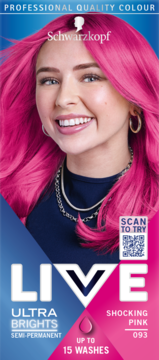 Farba Schwarzkopf LIVE Ultra Brights Shocking Pink 093, kobieta z jaskrawymi różowymi włosami na opakowaniu.