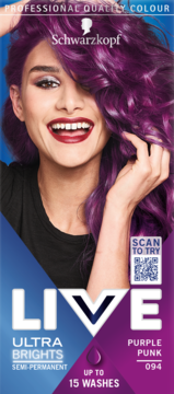 Front opakowania farby Schwarzkopf Live Ultra Brights Purple Punk 094, z uśmiechniętą kobietą z fioletowymi włosami.