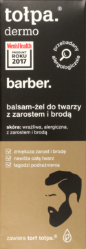 Tołpa Dermo Barber balsam-żel w czarno-złotym opakowaniu, nawilża zarost i łagodzi podrażnienia, widok z przodu.