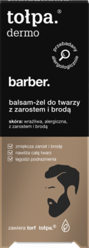 Tołpa Dermo Barber balsam-żel do twarzy z zarostem, czarno-beżowe opakowanie z ikoną brody, front, na skórę wrażliwą.