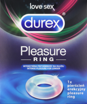 Opakowanie Durex Pleasure Ring, czarno-fioletowe, z półprzezroczystym ringiem erekcyjnym i logo Durex. Widok z przodu.