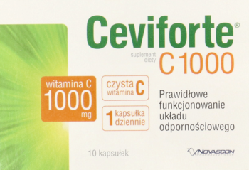 Pudełko suplementu Ceviforte C1000 witamina C 1000 mg, biało-zielone, z tekstem o odporności, widok z przodu.