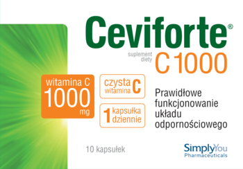 Biało-zielone opakowanie Ceviforte C1000, suplementu diety z 1000mg witaminy C na odporność, widok z przodu.