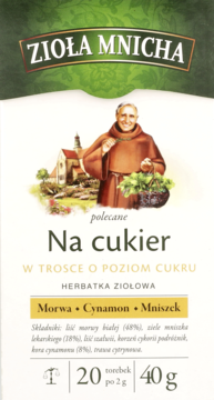 Opakowanie herbatki Zioła Mnicha Na cukier z mnichem, biało-zielone, widok z przodu. Tekst: Morwa, Cynamon, Mniszek.