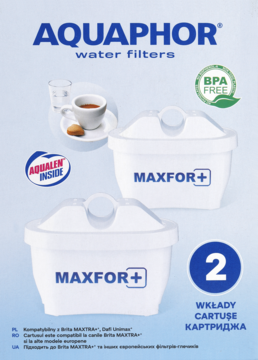 Dwa białe filtry Aquaphor MAXFOR+ do wody, ułożone pionowo na niebieskim tle, z logo BPA FREE.