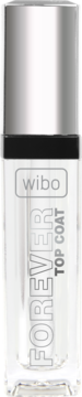 Bezbarwny top coat do ust WIBO Forever w przezroczystej butelce ze srebrną nakrętką, widok z przodu.