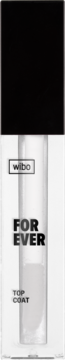 Wibo Forever bezbarwny top coat do ust w przezroczystej butelce z czarną zakrętką, ujęcie z przodu.