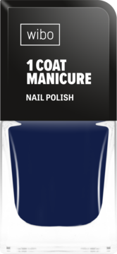Wibo 1 Coat Manicure Nail Polish nr 21, ciemnoniebieski lakier w buteleczce, widok z przodu opakowania.