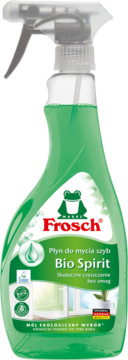 Frosch Bio Spirit, zielony płyn do szyb w przezroczystej butelce z rozpylaczem, widok z przodu.