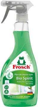 Frosch Bio Spirit, zielony płyn do szyb w przezroczystej butelce z rozpylaczem, widok z przodu.