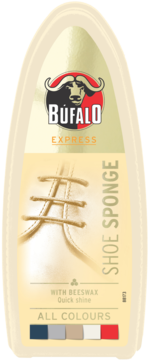 Bufalo Express Shoe Sponge z woskiem pszczelim, do wszystkich kolorów, beżowe opakowanie, widok z przodu.