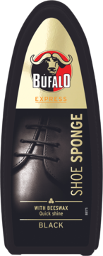 BÚFALO Shoe Sponge BLACK, with beeswax, for quick shine. Front view of a black contoured bottle with gold label.