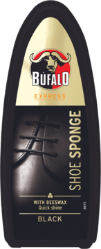 BÚFALO Shoe Sponge BLACK, with beeswax, for quick shine. Front view of a black contoured bottle with gold label.