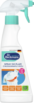 Dr. Beckmann spray do plam z dezodorantu i potu, biała butelka z niebieskim triggerem, widok z przodu.