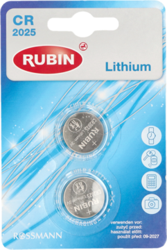 Baterie płaskie litowe Rubin CR 2025, 3V, w niebiesko-białym blistrze, widok z przodu.