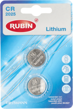 Baterie płaskie litowe Rubin CR 2025, 3V, w niebiesko-białym blistrze, widok z przodu.