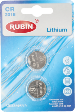 Baterie litowe RUBIN CR 2016 3V w niebiesko-białym opakowaniu z dwoma widocznymi bateriami, widok z przodu.
