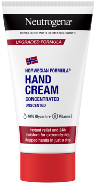 Biała tuba kremu do rąk Neutrogena Formuła Norweska, bezzapachowy, z czerwoną nakrętką, widok z przodu.