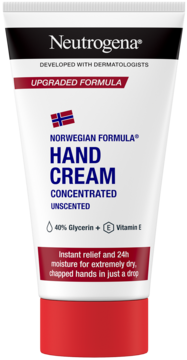 Biała tuba kremu do rąk Neutrogena Formuła Norweska, bezzapachowy, z czerwoną nakrętką, widok z przodu.