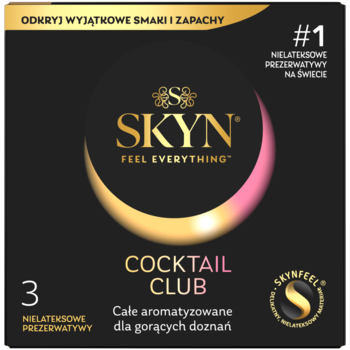 Czarne opakowanie prezerwatyw Skyn Cocktail Club (3 sztuki, bez lateksu), ze złotym logo i różowym akcentem.