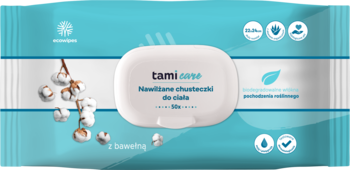 Tami Care nawilżane chusteczki do ciała 100% bio, białe opakowanie na turkusowym tle, z widocznymi kulami bawełny.