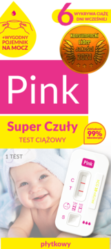 Opakowanie płytkowego testu ciążowego Pink Super Czuły: różowo-żółte, z wizerunkiem dziecka i pozytywnego wyniku testu.