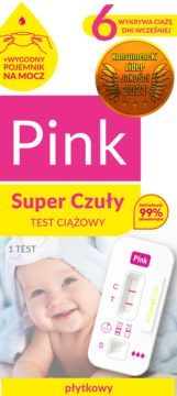 Opakowanie płytkowego testu ciążowego Pink Super Czuły: różowo-żółte, z wizerunkiem dziecka i pozytywnego wyniku testu.