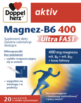 DOPPELHERZ Aktiv ,Magnez-B6 400 Ultra Fast w saszetkach, o smaku cytrusowym,przód
