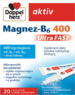 Biało-czerwone opakowanie Doppelherz aktiv Magnez-B6 400 Ultra FAST, suplement diety, cytrynowe mikrogranulki.