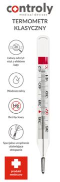 Controly medyczny termometr klasyczny szklany, bezrtęciowy, z lupą i systemem łatwego strząsania.