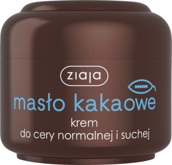 Ziaja Masło Kakaowe krem nawilżający do cery normalnej i suchej w brązowym słoiczku, widok z przodu.