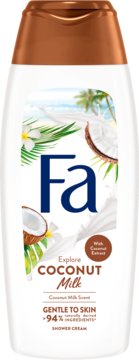 Fa Coconut Milk kremowy żel pod prysznic w białej butelce z brązową nakrętką, front, z grafiką plaży.